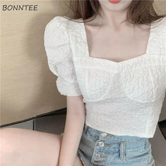 Blouses Women Folds Harajuku Slim Fashion Office Cropped Solid Casual Puff-sleeve Cozy Tops Retro Classic Elegant Plain Students