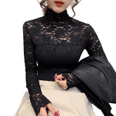 Autumn Women Thin Black Lace T shirt Turtleneck Long Sleeve Slim Lace Crochet Patchwork Tee Tops