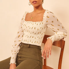 Pydshop Long Sleeve Chiffon Blouse Women Fashion Smocked Vintage Print Floral Top Women Summer Elegant Blouses Woman Top