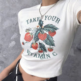 Pydshop 90s Vintage Cute Casual Sweet Strawberry Print Crop Top Summer Harajuku Streetwear kawaii Graphics Y2K Slim Letter Women T-Shirt