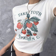 Pydshop 90s Vintage Cute Casual Sweet Strawberry Print Crop Top Summer Harajuku Streetwear kawaii Graphics Y2K Slim Letter Women T-Shirt