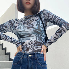 Pydshop Tie-Dye Women Tops Bottoming Cute Tees Y2K Harajuku Summer Streetwear Hot Girl E-Girls Gothic Punk Silk Mesh Short Slim T-Shirt