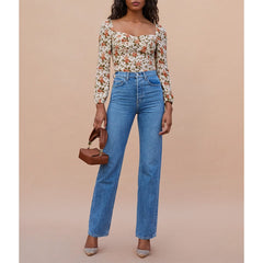 Pydshop Blouses Fashion Women Sweetheart Neck Elegant Chiffon Blouse Long Sleeve Vintage Floral Print Top Slim Fitted Womens Tops