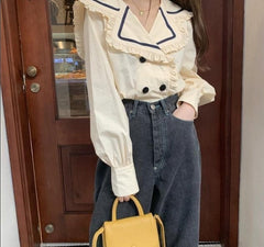 Pydshop Back to college Shirts Womens Spring Autumn Elegant Ruffles Sailor Collar Casual Blouses Ladies Kawaii Korean Style Harajuku Female Tops Trendy