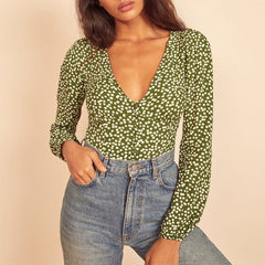 Pydshop Blouses Women Casual Polka Dot Blouse Top Long Sleeve Button Up Shirt Fashion Women Clothing Sexy Deep V Neck Tops Shirts