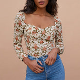 Pydshop Blouses Fashion Women Sweetheart Neck Elegant Chiffon Blouse Long Sleeve Vintage Floral Print Top Slim Fitted Womens Tops