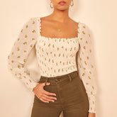 Pydshop Long Sleeve Chiffon Blouse Women Fashion Smocked Vintage Print Floral Top Women Summer Elegant Blouses Woman Top