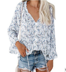 2022 loose women's chiffon shirt V-neck lace floral women tops shirts with ruffled flared sleeves casual women blouse