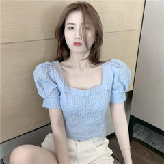 Blouses Women Folds Harajuku Slim Fashion Office Cropped Solid Casual Puff-sleeve Cozy Tops Retro Classic Elegant Plain Students