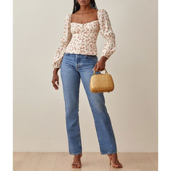 Pydshop Vacation Beach Summer Tops For Women Fashion Elegant Blouses Square Neck Puff Sleeve Blouse Floral Print Long Sleeve Top