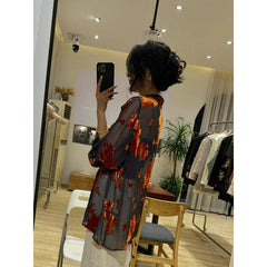 Pydshop outfit Spring and Summer New Style Shirt Single Chic Top Light Mature French Style Printed Loose Long Sleeve Sexy Shirt for Women