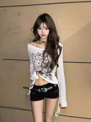 Pydshop 2000s fashion Casual Cut American Retro Cat off-Neck Long Sleeve T-shirt Women's Slim Fit Sweet and Spicy Top