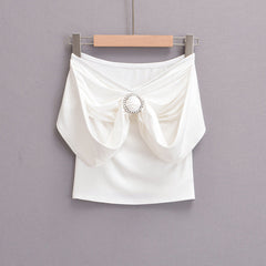 Pydshop 2000s fashion Pearl Decorative off-Shoulder Top Women's Summer New Sexy Hot Girl Tight Pleated off-Shoulder T-shirt