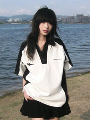 Pydshop 90s streetwear American Preppy Style Short-Sleeved T-shirt Women's Summer Contrast Color Stitching Polo Collar T-shirt round Neck Heavy Couple Top Ins