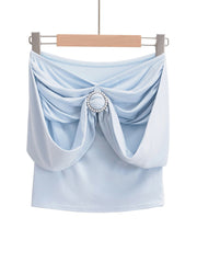 Pydshop 2000s fashion Pearl Decorative off-Shoulder Top Women's Summer New Sexy Hot Girl Tight Pleated off-Shoulder T-shirt