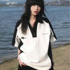 Pydshop 90s streetwear American Preppy Style Short-Sleeved T-shirt Women's Summer Contrast Color Stitching Polo Collar T-shirt round Neck Heavy Couple Top Ins