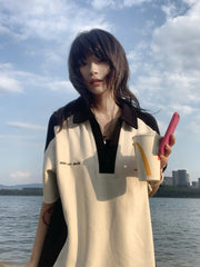 Pydshop 90s streetwear American Preppy Style Short-Sleeved T-shirt Women's Summer Contrast Color Stitching Polo Collar T-shirt round Neck Heavy Couple Top Ins