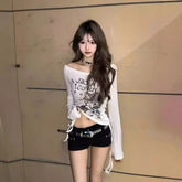 Pydshop 2000s fashion Casual Cut American Retro Cat off-Neck Long Sleeve T-shirt Women's Slim Fit Sweet and Spicy Top