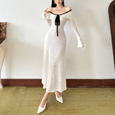 French retro off-the-shoulder long-sleeved dress
