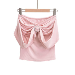 Pydshop 2000s fashion Pearl Decorative off-Shoulder Top Women's Summer New Sexy Hot Girl Tight Pleated off-Shoulder T-shirt