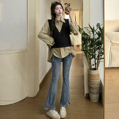 Pydshop misunderstood outfit Spring New Korean Style Loose Fashion Striped Fake Two-Piece Stitching Shirt Maternity Top