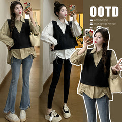 Pydshop misunderstood outfit Spring New Korean Style Loose Fashion Striped Fake Two-Piece Stitching Shirt Maternity Top