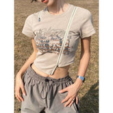 Pydshop 90s streetwear New Style Heavy-Duty Zipper Irregular Shoulder T-shirt American Retro Short-Sleeved Design Slim-Fit Slimming Top