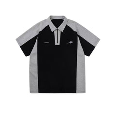 Pydshop 90s streetwear American Preppy Style Short-Sleeved T-shirt Women's Summer Contrast Color Stitching Polo Collar T-shirt round Neck Heavy Couple Top Ins