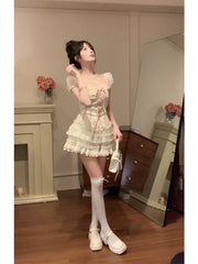 Pydshop Sweet Square Collar Bow Puff Sleeve Slim Fit Floral Tops Women+ High Waist Ruched Lace Skirts 2024 Summer New Two Piece Sets