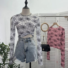 Pydshop Spider Print Mesh See Through Bottoming Long Sleeve T-shirt Dark Hot Girl Slim Short Top y2k PartyClub Wear Daily Essential9908