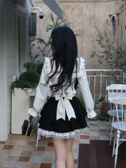 Pydshop Kawaii Sailor Collar Bow Fungus Long Sleeve Tops Women+ Y2k E-Girl High Waist Lace Black Skirts Summer Sweet Two Piece Sets