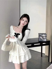 Pydshop Korean Sweet Lace Square Collar Bow Puff Sleeve Tops Women+ Y2k E-Girl Slim Waist A-line Skirts Spring New Two Piece Sets