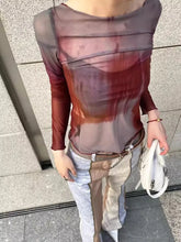 Pydshop Abstraction Print Red Mesh O-neck Tops Women 2024 Summer New Slim Fit Tee Shirt Y2k E-Girl Long Sleeve Bottoming T-shirts