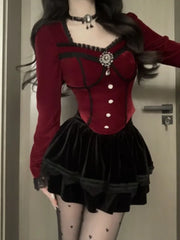 Pydshop Autumn Winter New Red Velvet Slim Fit Long Sleeve Bottoming Tops Women+ High Waist Ruched Skirts Y2k E-Girl Two Piece Sets