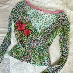 Pydshop Street Retro Leopard Print Flower Tops Mujer Spring Autumn New Bottoming Tee Shirt Y2k Slim Fit Long Sleeve T-shirt for Women