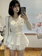Pydshop Elegant Sweet V-neck Slim Fit Knitted Tops Women+ Y2k E-Girl High Waist Ruched Cake Skirts 2024 Autumn New Two Piece Sets