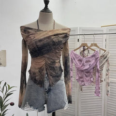 Pydshop Wome Sexy See Through One Shoulder Lace Up Halterneck Long Sleeve Top Slim Fit Cross Pleat Slit Short Top Y2k Club Streetwear