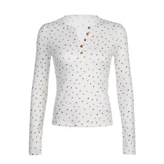 Pydshop 2024 Fashion Woman tops y2k style White Small Flowers Printed Slim Button Top