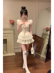 Pydshop Sweet Square Collar Bow Puff Sleeve Slim Fit Floral Tops Women+ High Waist Ruched Lace Skirts 2024 Summer New Two Piece Sets