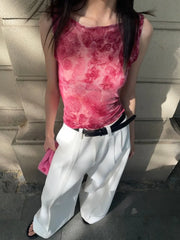 Pydshop 2024 Summer New Print Pink Vest Fot Women Sexy Slim Fit Hollow Out Tank Top Y2k E-Girl O-neck Sleeveless Camisole Tops