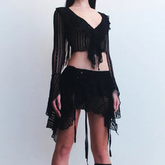Pydshop Fairy Coquette Women Y2K Outfits Floral Lace Sheer 2 Piece Set Ruffles V Neck Flare Sleeve Crop Tops + Irregular Hem Mini Skirt