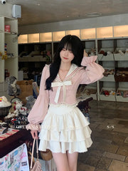 Pydshop Fashion Sweet Sailor Collar Bow Long Sleeve Tops Women+ Y2k E-Girl High Waist Ruffles A-line Skirts Summer New Two Piece Sets