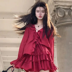 Pydshop Elegant V-neck Ruffles Long Sleeve Tops Women+ Y2k E-Girl High Waist Ruched A-line Skirts Spring New Red Two Piece Sets