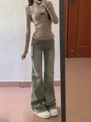 Pydshop All-match Square Collar Lace Bow Tops Mujer 2024 Early Autumn New T-shirt for Women Y2k Slim Fit Long Sleeve Tee Shirt