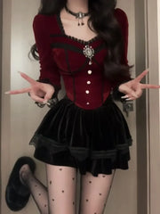 Pydshop Autumn Winter New Red Velvet Slim Fit Long Sleeve Bottoming Tops Women+ High Waist Ruched Skirts Y2k E-Girl Two Piece Sets