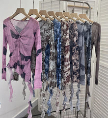 Pydshop Women's Sfumato Printed Mesh Thin Hot Girl Long Sleeve T-Shirt Irregular Ruffled Crop Top V Neck Summer Party Long Sleeve Shirt