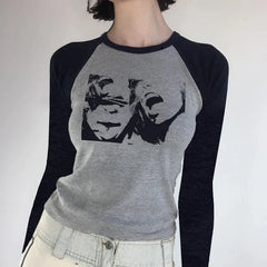 Pydshop 2024 Fashion Woman tops y2k style Grey Graphic Printing Crop Long Sleeves Top