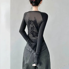 Pydshop Black Retro Angel Print T-shirt for Women 2024 Autumn Fashion Slim Fit Tee Shirt Y2k E-Girl Long Sleeve Bottoming Tops Mujer