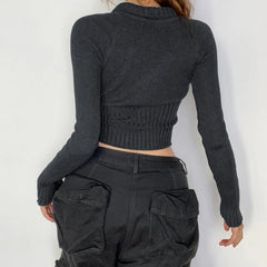 Pydshop 2024 Fashion Woman tops y2k style Casual Dark Gray Zip Up Knitted Sweater