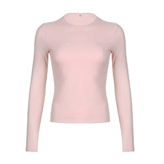 Pydshop 2024 Fashion Woman tops y2k style Pink Round Neck Long Sleeves Top